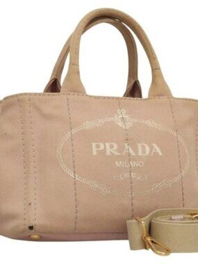 PRADA Canapa PM Hand Bag Canvas 2way Pink Gold Auth 116103